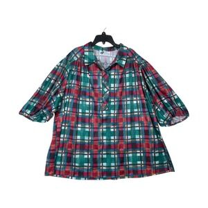 Vintage Top Notch Shirt Women Size 24W 3X Plaid Multicolor Satin Balloon Sleeve